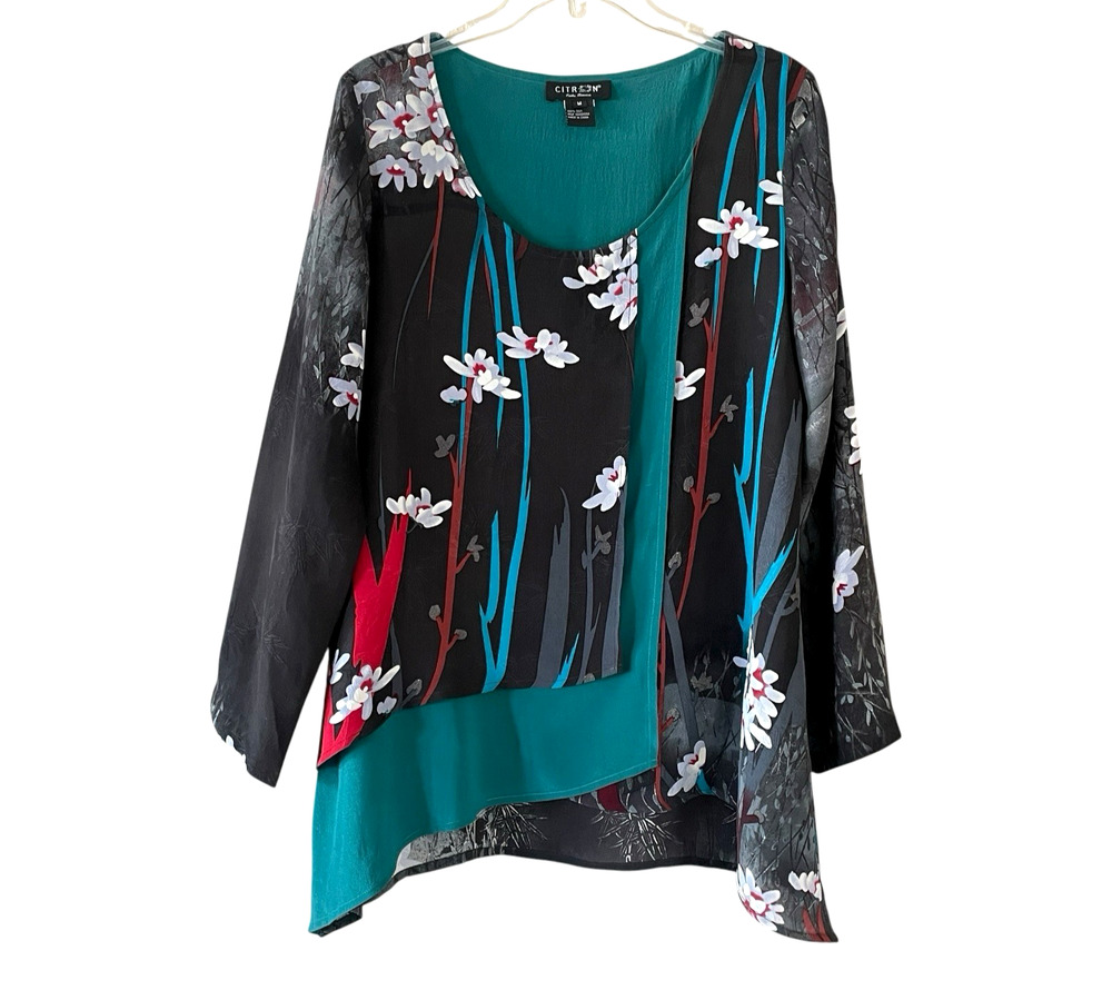 CITRON SANTA MONICA Medium Black Aqua Red Floral Silk Layered Pullover Tunic Top